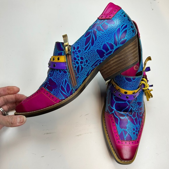 SOFFIA FLOWER-ACCENT GENUINE LEATHER BOOTIES OXFORD SHOE Colorful Unique US 8/9 - Picture 2 of 7